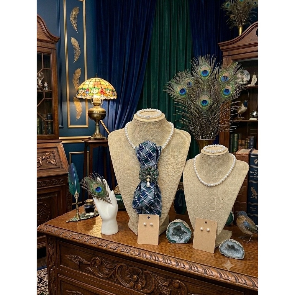 Nautica Silk Plaid Tie Peacock Brooch Necklace Pearl Bracelet Earrings Set Green